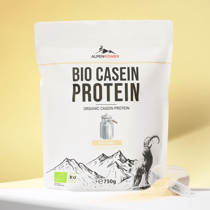 Bio Casein Protein Pulver – hochwertige Verpackung & feines mizellares Casein aus Bio-Alpenmilch, ideal für gleichmäßige Muskelversorgung