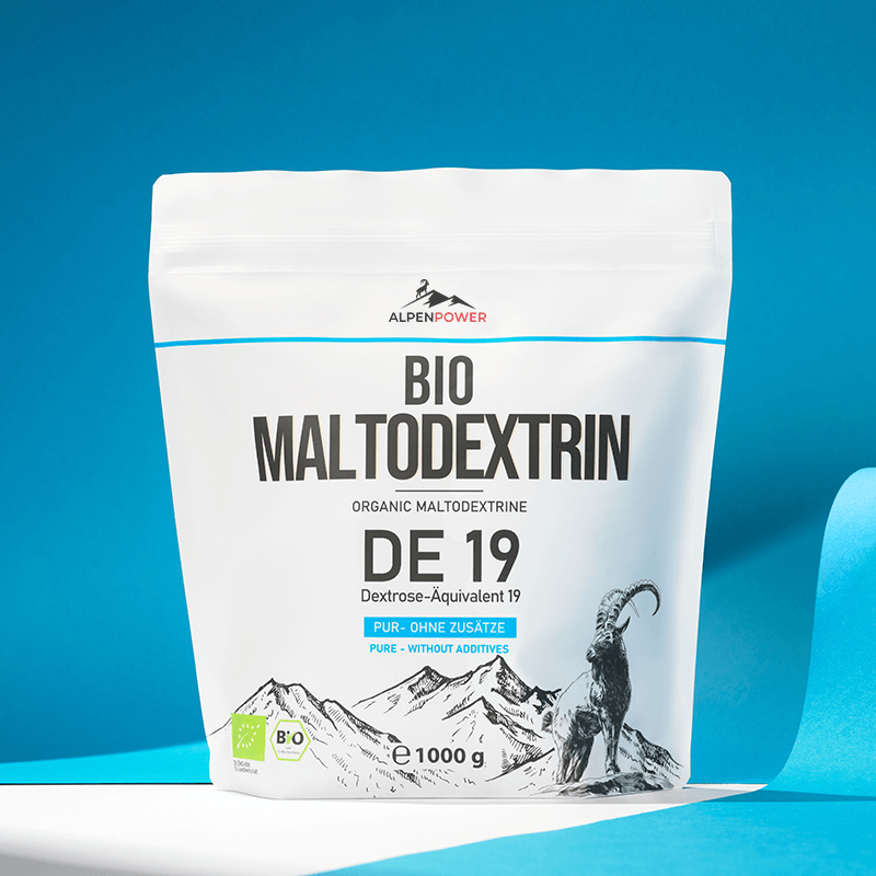 Vegan organic maltodextrin DE 19 - fine, pure carbohydrate powder in detail, fast source of energy